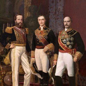 May include: Three men in formal attire stand in a room with a red wall. The men are wearing military uniforms with gold trim and medals. The man in the centre is holding a sword. The men are standing on a patterned rug.