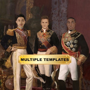 May include: Three men in formal attire stand in a regal setting. They wear black and gold military uniforms with intricate details, including medals, sashes, and embroidery. The men are posed in a traditional portrait style, with their hands clasped in front of them. The background features a rich burgundy wall with gold accents.