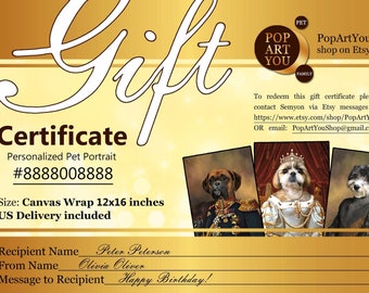 Gift certificate for Custom Pet Portrait, digital printable Gift card, Surprise gift voucher, coupon, last minute gift, Mother's day gift