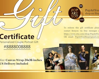 Gift certificate for Couple Portrait - Custom Personalized, digital printable Gift card, Surprise gift voucher, coupon, Renaissance Portrait