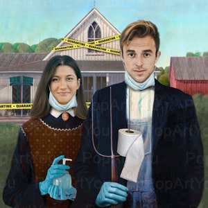 American Gothic Parody Quarantine version Personalized American Gothic funny illustration Hilarious portrait for couple image 1