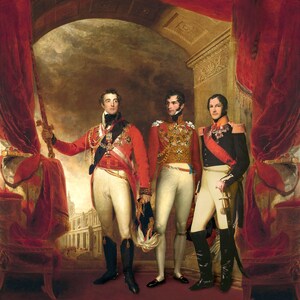 May include: Three men in military uniforms stand in a grand room with red curtains and a painted background. The men are wearing red, gold, and white uniforms with swords and medals. The room has a vaulted ceiling and a large window.