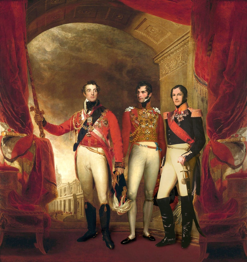 May include: Three men in military uniforms stand in a grand room with red curtains and a painted background. The men are wearing red, gold, and white uniforms with swords and medals. The room has a vaulted ceiling and a large window.