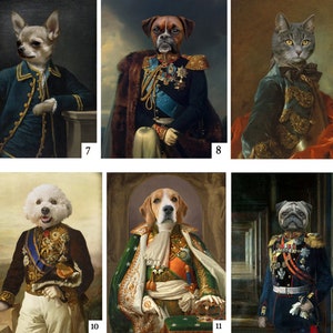 May include: A collage of six images featuring different animals dressed in royal attire. Each animal is depicted in a classic portrait style, wearing a gold and blue uniform with intricate details. The animals include a chihuahua, a boxer, a cat, a bichon frise, a beagle, and a pug.