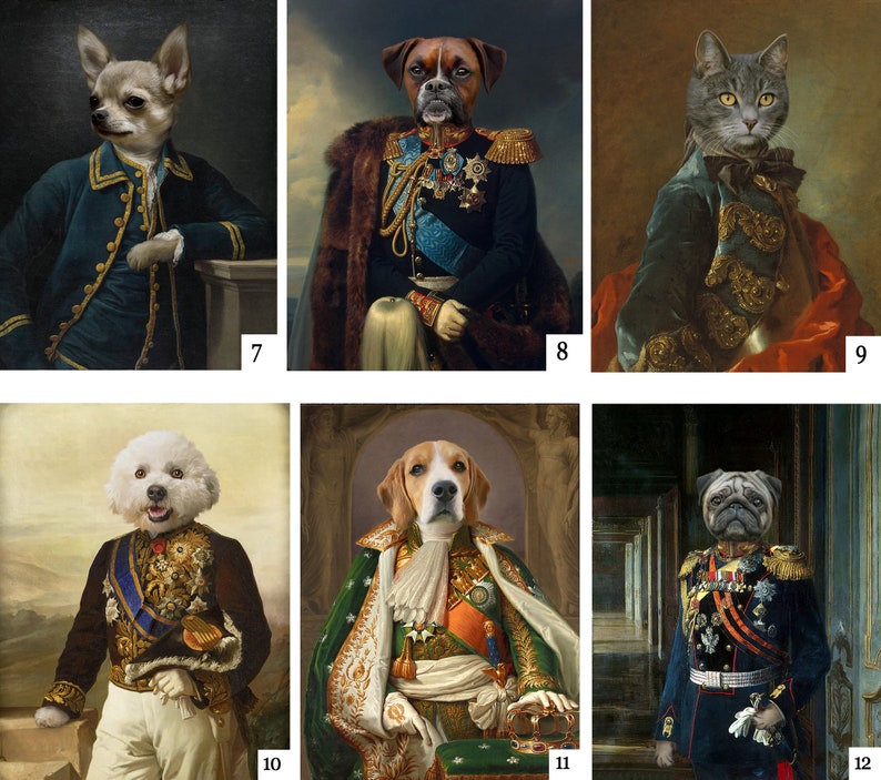 May include: A collage of six images featuring different animals dressed in royal attire. Each animal is depicted in a classic portrait style, wearing a gold and blue uniform with intricate details. The animals include a chihuahua, a boxer, a cat, a bichon frise, a beagle, and a pug.
