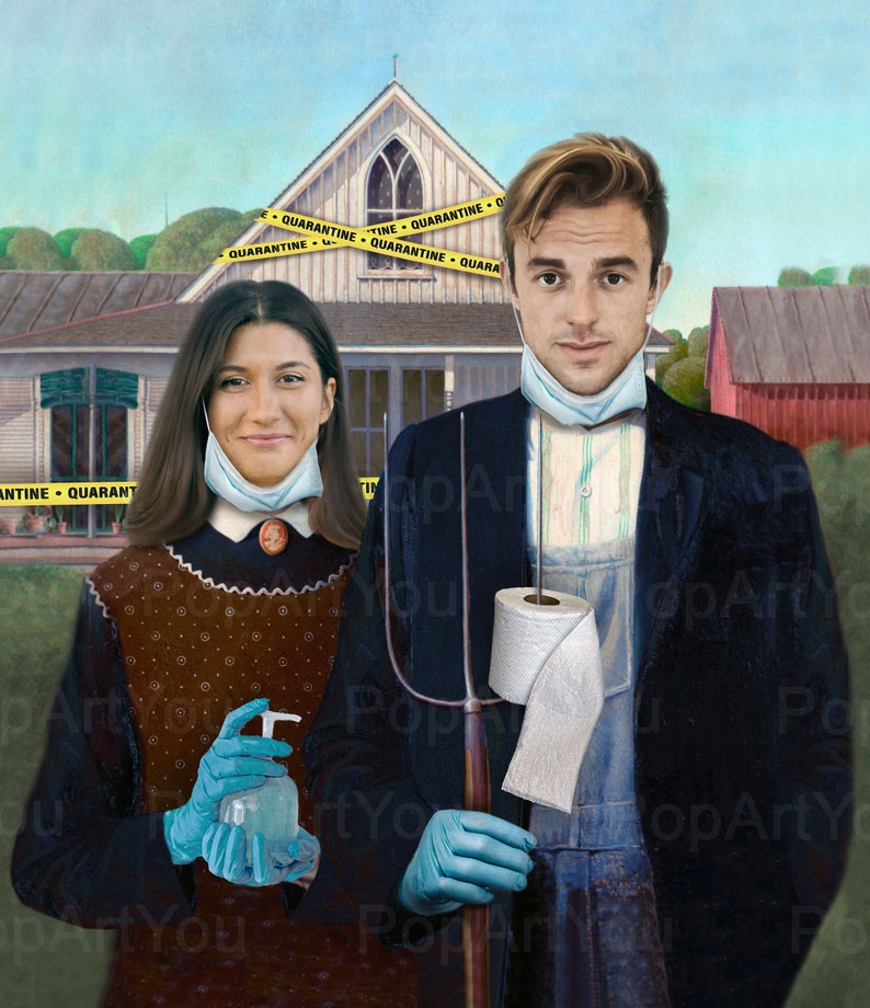 American Gothic Parody Quarantine version Personalized American Gothic funny illustration Hilarious portrait for couple image 1