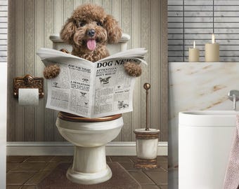 Hund liest Zeitung auf Toilette, Haustier Portrait, Hund Badezimmer Kunst, Lustiges Hunde oder Katzen Portrait, Hund in Toilette, Geschenk für Tierbesitzer
