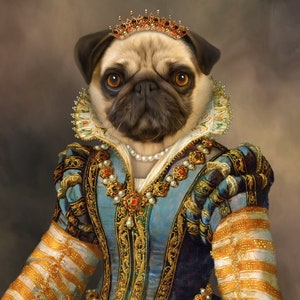 May include: A pug dog wearing a blue and gold dress with a pearl necklace and a gold crown. The dog is looking directly at the viewer.