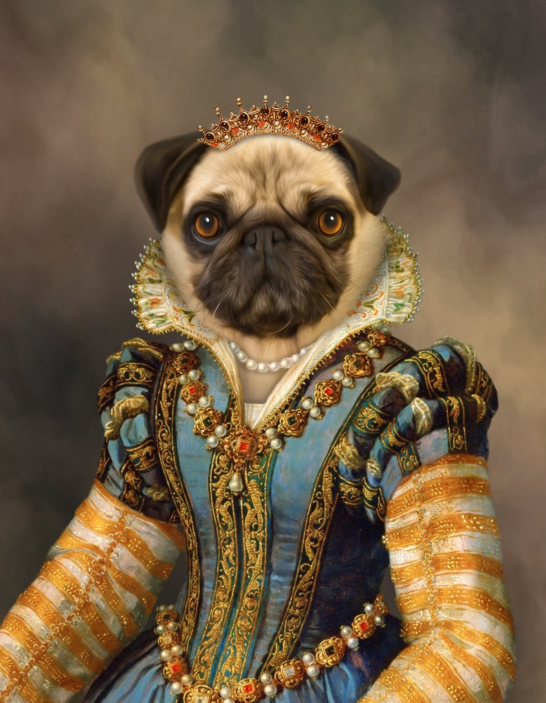 May include: A pug dog wearing a blue and gold dress with a pearl necklace and a gold crown. The dog is looking directly at the viewer.