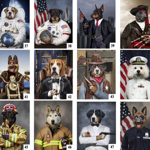 K&ouml;nnte beinhalten: Eine Collage aus 12 Bildern mit Hunden, die verschiedene Kost&uuml;me tragen. Die Hunde tragen Kost&uuml;me wie einen Astronauten, einen Piraten, einen Biker, einen Detektiv, einen Cowboy, einen Feuerwehrmann und einen Polizisten.