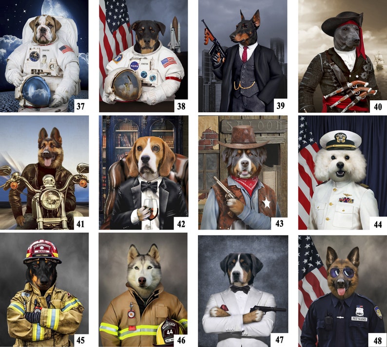K&ouml;nnte beinhalten: Eine Collage aus 12 Bildern mit Hunden, die verschiedene Kost&uuml;me tragen. Die Hunde tragen Kost&uuml;me wie einen Astronauten, einen Piraten, einen Biker, einen Detektiv, einen Cowboy, einen Feuerwehrmann und einen Polizisten.