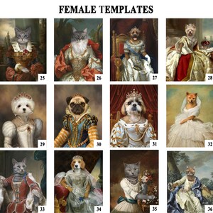 K&ouml;nnte beinhalten: Eine Collage aus 12 Bildern, die verschiedene Haustiere in k&ouml;niglicher Kleidung zeigen, darunter Katzen, Hunde und einen Fuchs. Die Haustiere tragen Kronen, Roben und andere k&ouml;nigliche Accessoires. Die Bilder sind vor verschiedenen Hintergr&uuml;nden platziert, darunter Portr&auml;ts und Landschaften. Die Bilder sind von 25 bis 36 nummeriert.