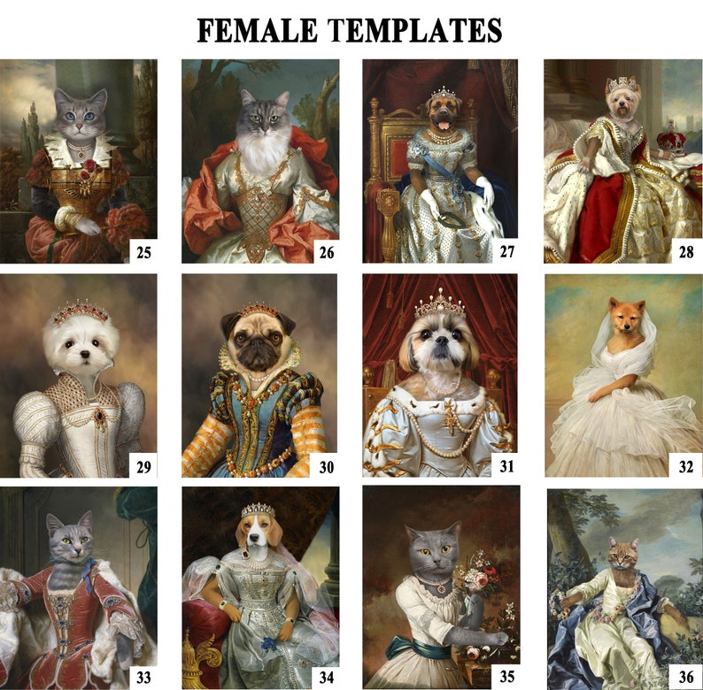 K&ouml;nnte beinhalten: Eine Collage aus 12 Bildern, die verschiedene Haustiere in k&ouml;niglicher Kleidung zeigen, darunter Katzen, Hunde und einen Fuchs. Die Haustiere tragen Kronen, Roben und andere k&ouml;nigliche Accessoires. Die Bilder sind vor verschiedenen Hintergr&uuml;nden platziert, darunter Portr&auml;ts und Landschaften. Die Bilder sind von 25 bis 36 nummeriert.