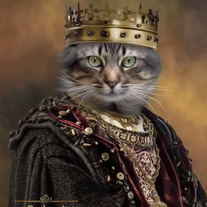 May include: A gray tabby cat wearing a gold crown and a burgundy and gold robe. The cat is looking directly at the viewer. The text "Richard" is written in gold script below the cat.
