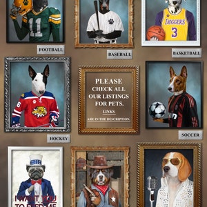 May include: A collage of nine framed images featuring dogs dressed in various sports uniforms and costumes. The sports include football, baseball, basketball, hockey, soccer, and cowboy. The costumes include Uncle Sam and Elvis. The text "PLEASE CHECK ALL OUR LISTINGS FOR PETS. LINKS ARE IN THE DESCRIPTION." is displayed in one of the frames.