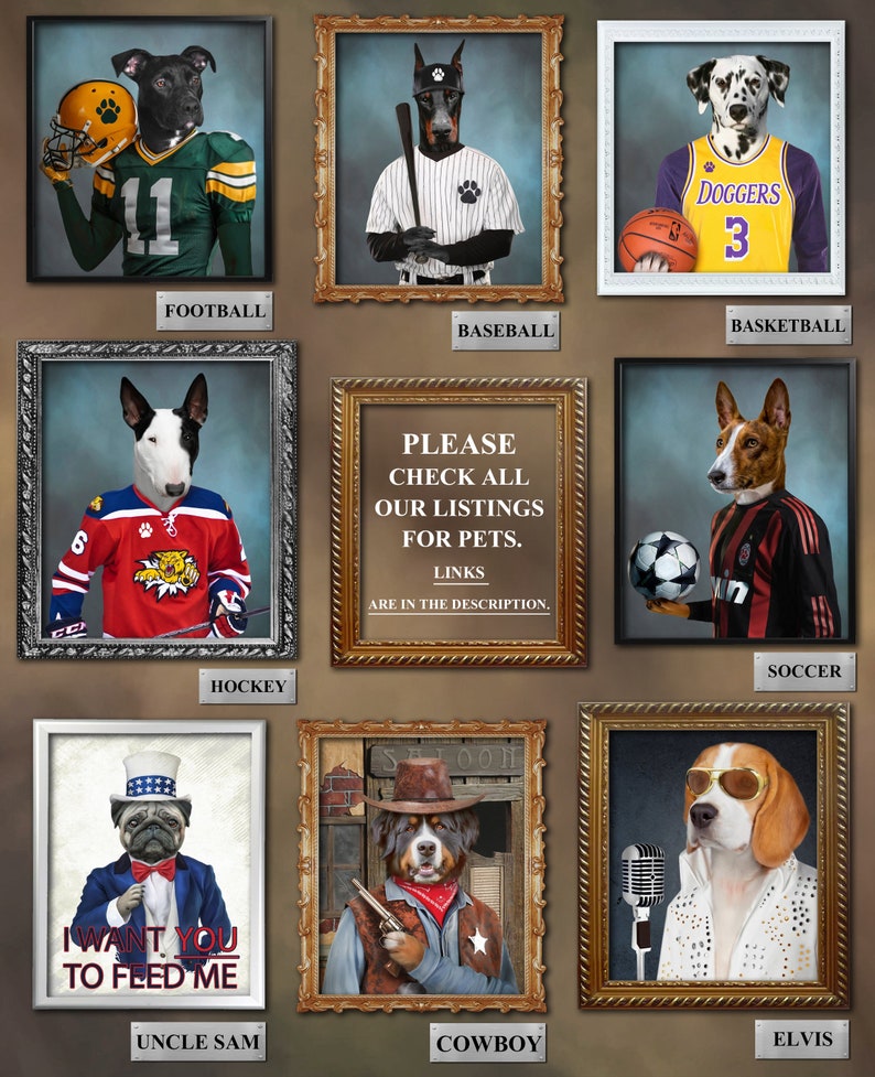 May include: A collage of nine framed images featuring dogs dressed in various sports uniforms and costumes. The sports include football, baseball, basketball, hockey, soccer, and cowboy. The costumes include Uncle Sam and Elvis. The text "PLEASE CHECK ALL OUR LISTINGS FOR PETS. LINKS ARE IN THE DESCRIPTION." is displayed in one of the frames.