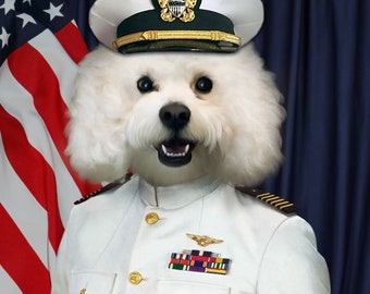Anpassat husdjursporträtt i marinuniform, sjöman, kapten, amerikanska flottan, marinofficer, husdjursgåva, husdjursminnesporträtt