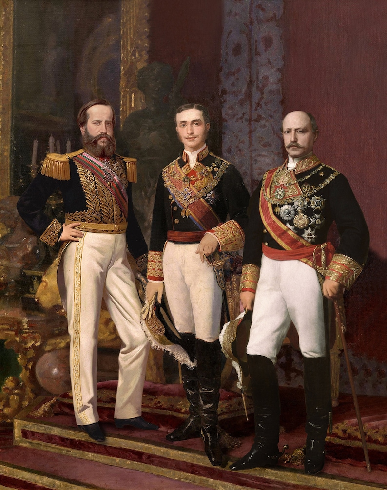 May include: Three men in formal attire stand in a room with a red wall. The men are wearing military uniforms with gold trim and medals. The man in the centre is holding a sword. The men are standing on a patterned rug.