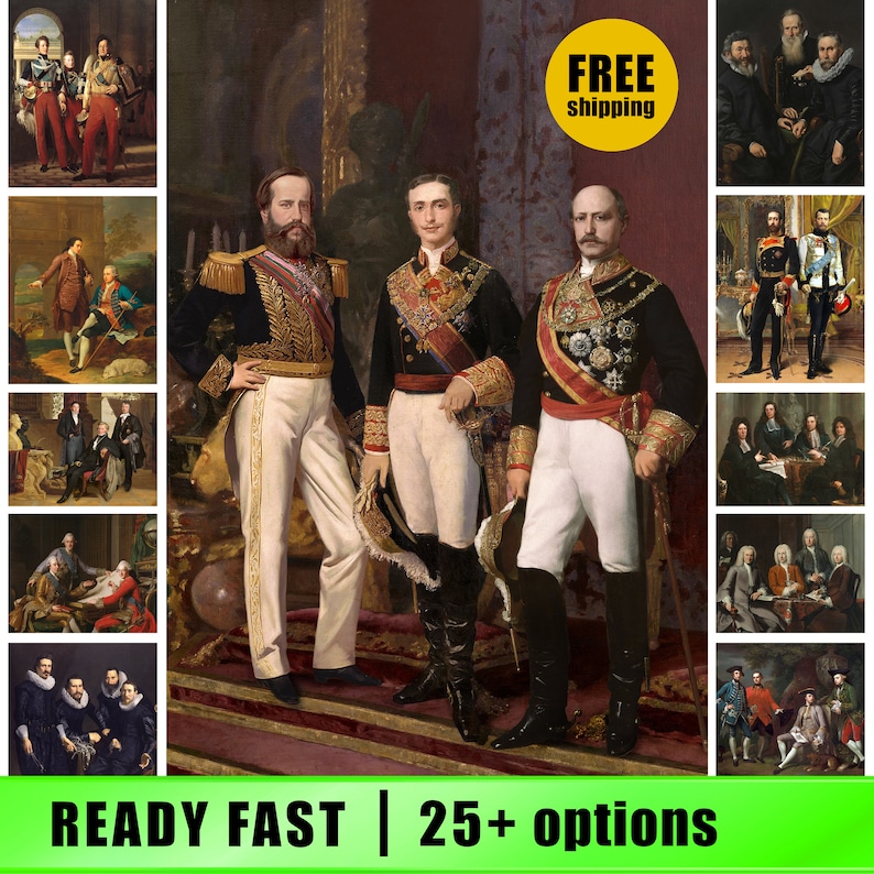 May include: A painting depicting three men in military attire. The men are standing in a room with a large window behind them. The painting is in a traditional style, featuring rich colours and intricate details. The men are wearing gold and red uniforms with elaborate embroidery and medals. The painting is framed in a gold frame.