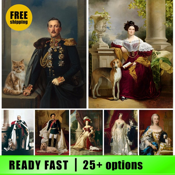 Person and Pet Portrait, Historical Portrait, Renaissance portraits, Victorian, Regal, Man and dog, woman and cat, Fathers Mothers Day gift