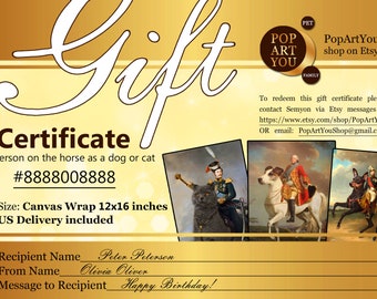 Gift certificate for Person on the Pet Portrait, digital printable Gift card, Surprise gift voucher, last minute gift, Christmas gift