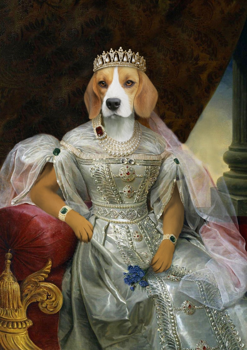 May include: A Beagle dog wearing a crown and a white gown with pearl and ruby embellishments. The dog is sitting on a red velvet cushion with a bouquet of blue flowers in its paws.