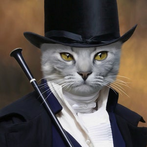 May include: A gray cat wearing a black top hat and a black coat with a white cravat. The cat is holding a black walking stick.