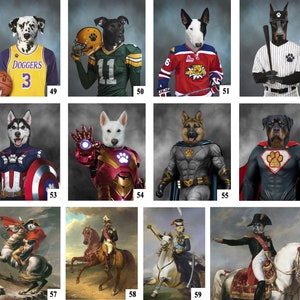 K&ouml;nnte beinhalten: Eine Collage von Bildern mit Hunden, die verschiedene Kost&uuml;me und Outfits tragen. Die Hunde tragen Kost&uuml;me wie ein Basketball-Uniform, ein Football-Uniform, ein Hockey-Uniform, ein Baseball-Uniform, ein Superhelden-Kost&uuml;m, ein Captain America-Kost&uuml;m, ein Iron Man-Kost&uuml;m, ein Batman-Kost&uuml;m, ein Superman-Kost&uuml;m und eine historische Milit&auml;runiform.