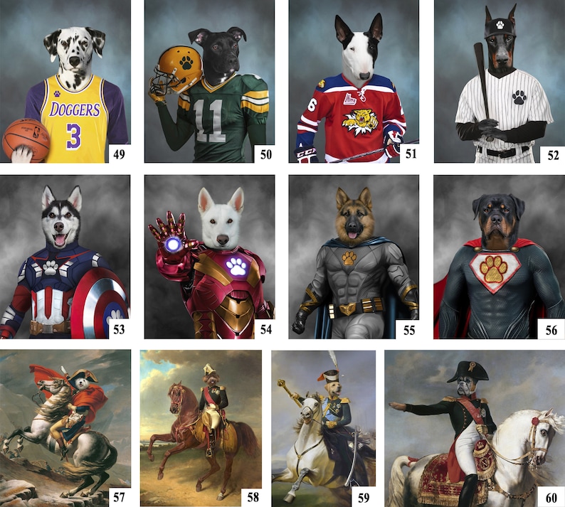 K&ouml;nnte beinhalten: Eine Collage von Bildern mit Hunden, die verschiedene Kost&uuml;me und Outfits tragen. Die Hunde tragen Kost&uuml;me wie ein Basketball-Uniform, ein Football-Uniform, ein Hockey-Uniform, ein Baseball-Uniform, ein Superhelden-Kost&uuml;m, ein Captain America-Kost&uuml;m, ein Iron Man-Kost&uuml;m, ein Batman-Kost&uuml;m, ein Superman-Kost&uuml;m und eine historische Milit&auml;runiform.
