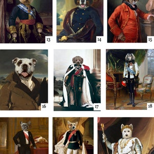 May include: A collage of nine images featuring various animals dressed in historical clothing. Each animal is depicted in a different pose and setting, creating a whimsical and humorous collection.