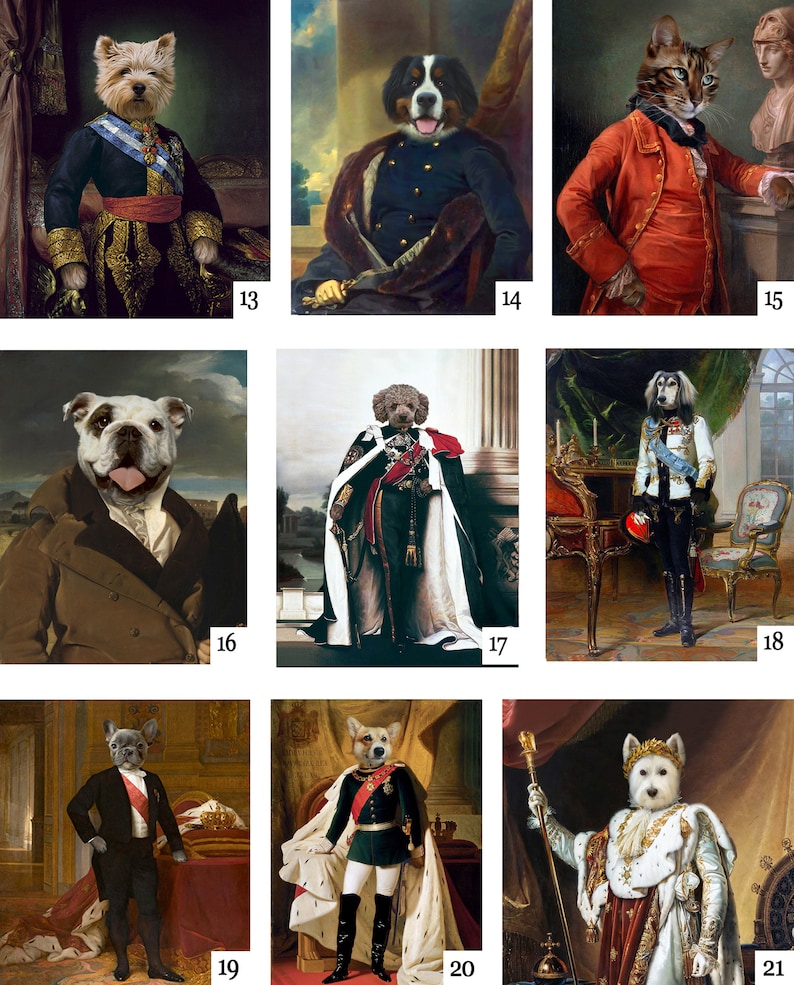 May include: A collage of nine images featuring various animals dressed in historical clothing. Each animal is depicted in a different pose and setting, creating a whimsical and humorous collection.