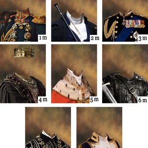 May include: A set of eight different digital photo booth backdrops featuring various royal and historical costumes. Each backdrop is a different color and features a different costume, including a military uniform, a king's robe, and a knight's armor. The backdrops are perfect for creating fun and unique photos.