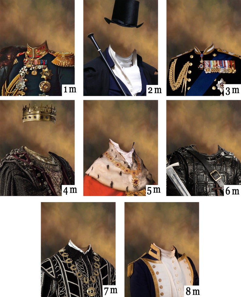 May include: A set of eight different digital photo booth backdrops featuring various royal and historical costumes. Each backdrop is a different color and features a different costume, including a military uniform, a king's robe, and a knight's armor. The backdrops are perfect for creating fun and unique photos.