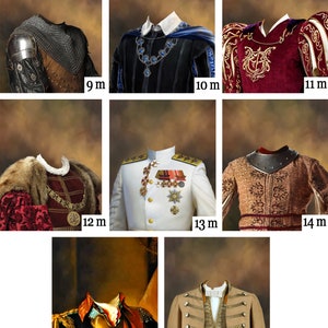 May include: A collection of 10 different costume designs for a photo booth or party. The designs include a knight, a king, a general, and a variety of other historical figures. Each design is shown on a brown background with a white text label indicating the number of the design.