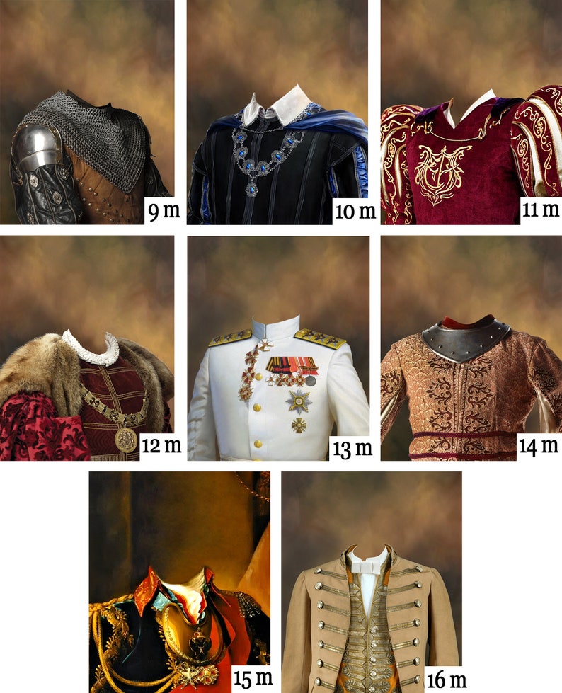 May include: A collection of 10 different costume designs for a photo booth or party. The designs include a knight, a king, a general, and a variety of other historical figures. Each design is shown on a brown background with a white text label indicating the number of the design.