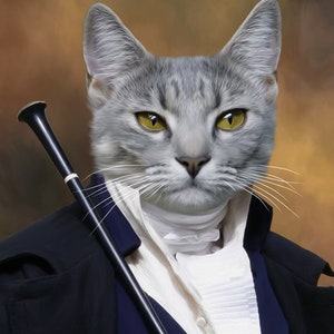 May include: A gray tabby cat wearing a white collared shirt and a dark blue jacket. The cat is holding a black walking stick.