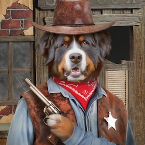 Custom Pet Cowboy Portrait, Sheriff, Marshal, Funny pet portrait, funny gift for cowboy pet lover