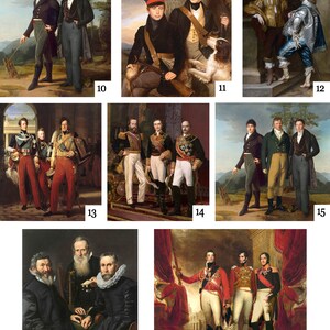 May include: A collection of 17 vintage oil paintings depicting groups of men in various settings and attire. The paintings are framed and feature a variety of colours and styles.