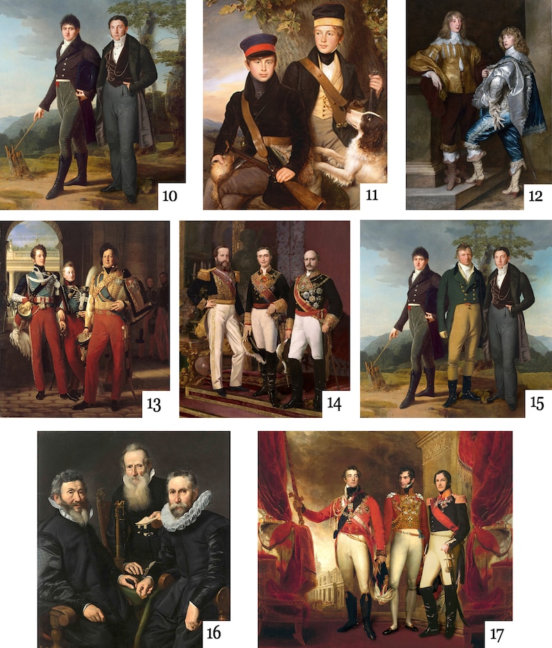 May include: A collection of 17 vintage oil paintings depicting groups of men in various settings and attire. The paintings are framed and feature a variety of colours and styles.