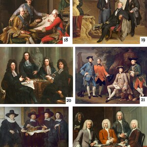 May include: A painting depicting a group of men in formal attire, likely a board of directors or a group of dignitaries. The men are seated around a table, with documents and papers spread out before them. The painting is done in a realistic style, with attention to detail in the clothing and facial expressions of the men.