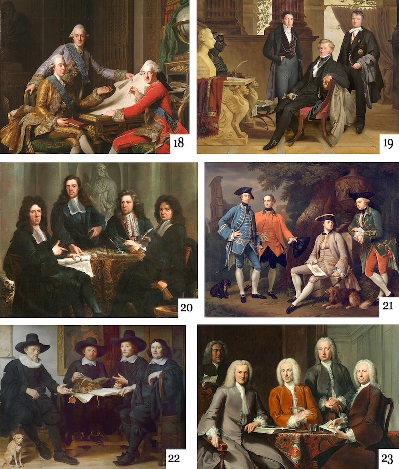May include: A painting depicting a group of men in formal attire, likely a board of directors or a group of dignitaries. The men are seated around a table, with documents and papers spread out before them. The painting is done in a realistic style, with attention to detail in the clothing and facial expressions of the men.