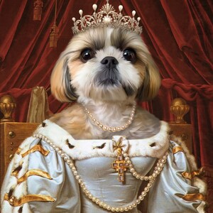 May include: A Shih Tzu dog wearing a crown and a pearl necklace, dressed in a blue and gold royal gown, sitting on a throne.