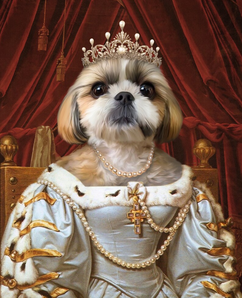 May include: A Shih Tzu dog wearing a crown and a pearl necklace, dressed in a blue and gold royal gown, sitting on a throne.