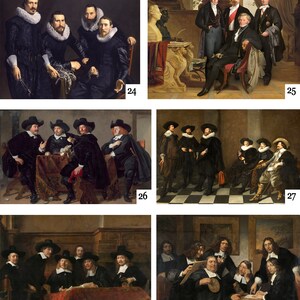 May include: A collection of five paintings depicting groups of men in formal attire. The paintings are in a traditional style with dark backgrounds and muted colours.
