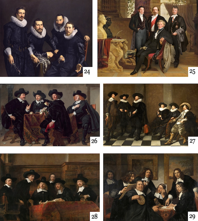 May include: A collection of five paintings depicting groups of men in formal attire. The paintings are in a traditional style with dark backgrounds and muted colours.