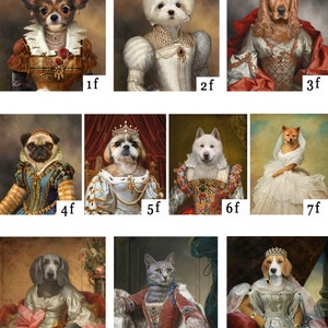 May include: A collage of ten images featuring dogs and a cat dressed in royal attire. Each image features a different breed of dog or cat wearing a crown and a gown, with a number and the letter 'f' in the bottom right corner of each image.