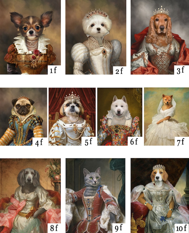 May include: A collage of ten images featuring dogs and a cat dressed in royal attire. Each image features a different breed of dog or cat wearing a crown and a gown, with a number and the letter 'f' in the bottom right corner of each image.
