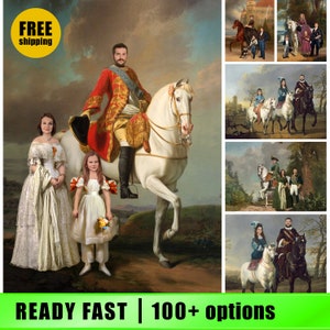 Koninklijke familieportretten met paard, historische portretten, familieportret op maat, vader- en moederdagcadeau, kerstcadeau