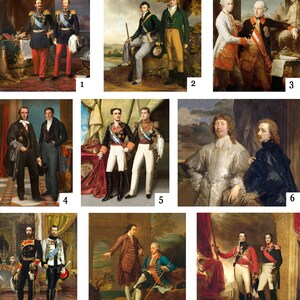 May include: Nine paintings depicting pairs of men in historical attire. The men are standing or sitting together, all wearing formal clothing. The paintings vary in style, but share a sense of grandeur and formality.