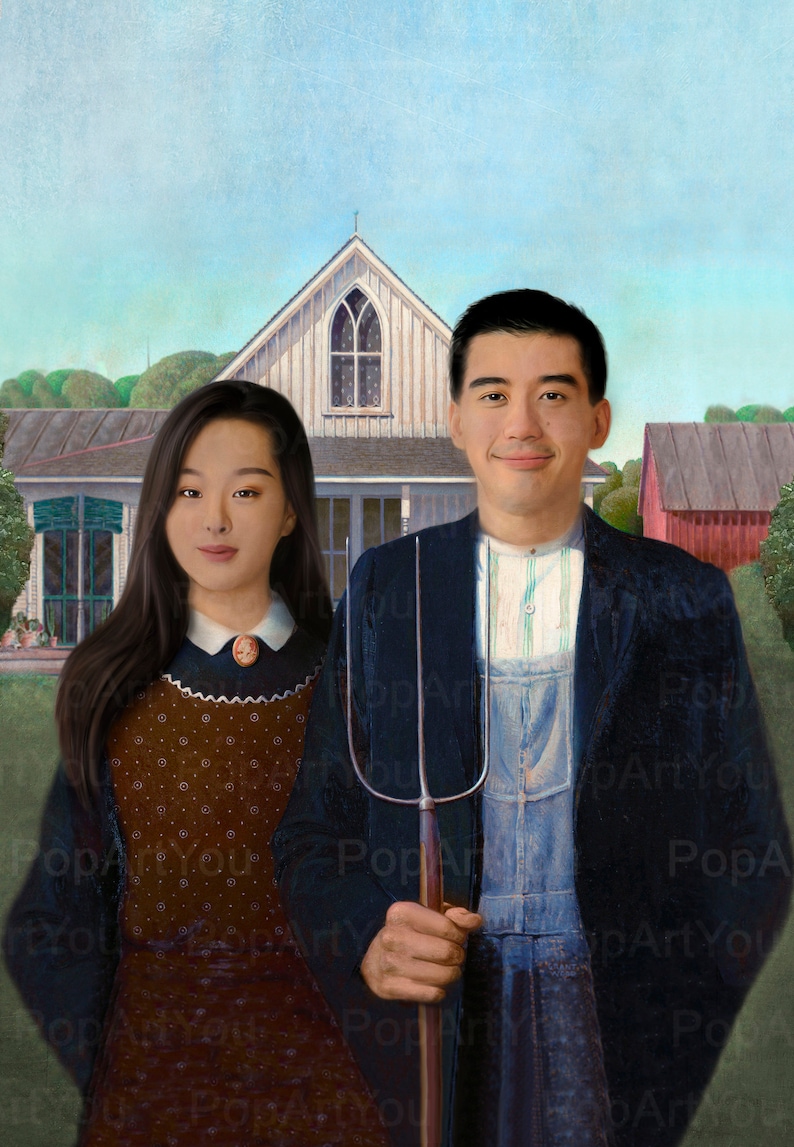 American Gothic Parody | Anniversary Gift | Personalized American Gothic illustration | Customizable portrait for couple | Custom portrait image 6